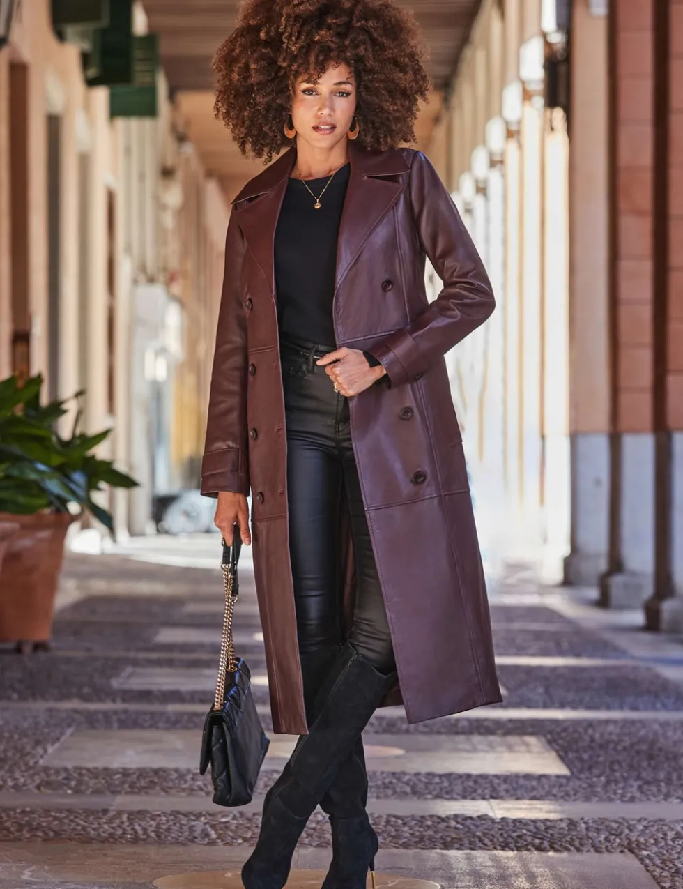 Leather Belted Double Breasted Trench Coat