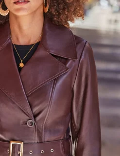 Leather Belted Double Breasted Trench Coat