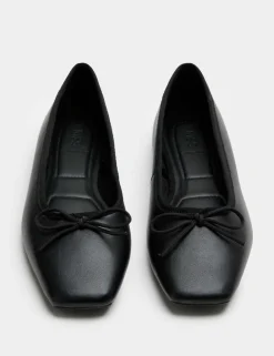 Leather Bow Square Toe Flat Ballet Pumps