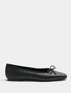 Leather Bow Square Toe Flat Ballet Pumps