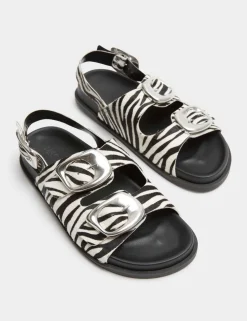 Leather Buckle Animal Print Flat Sandals