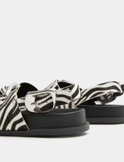 Leather Buckle Animal Print Flat Sandals