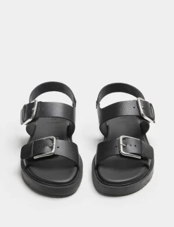 Leather Buckle Ankle Strap Flatform Sandals