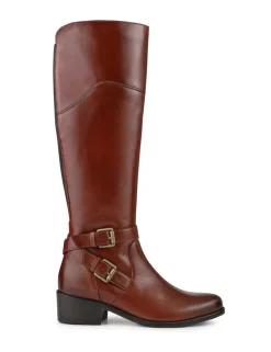 Leather Buckle Block Heel Knee High Boots