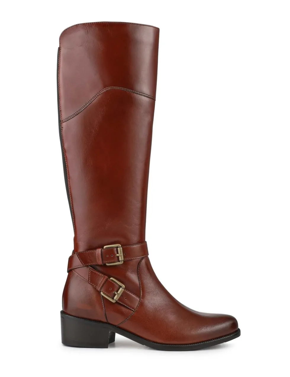 Leather Buckle Block Heel Knee High Boots