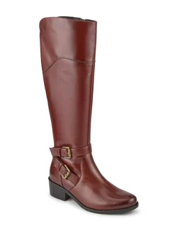 Leather Buckle Block Heel Knee High Boots