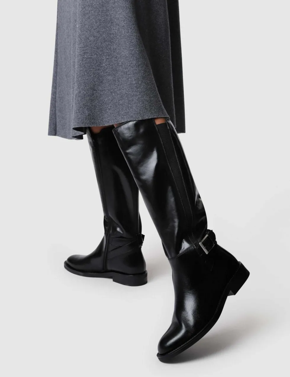 Leather Buckle Knee High Boots