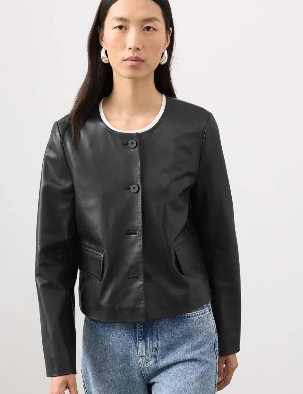 Leather Collarless Jacket