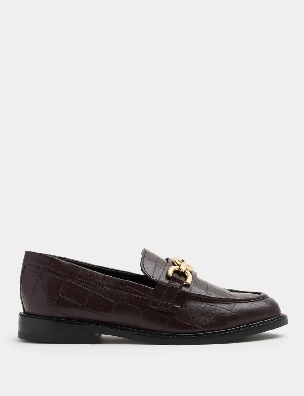 Leather Croc Trim Flat Loafers
