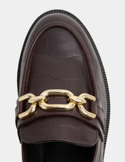 Leather Croc Trim Flat Loafers