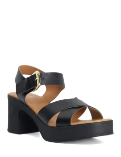 Leather Cross Strap Block Heel Sandals