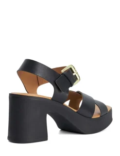 Leather Cross Strap Block Heel Sandals