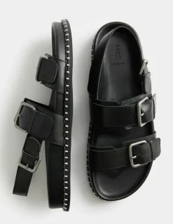 Leather Double Buckle Footbed Sandals