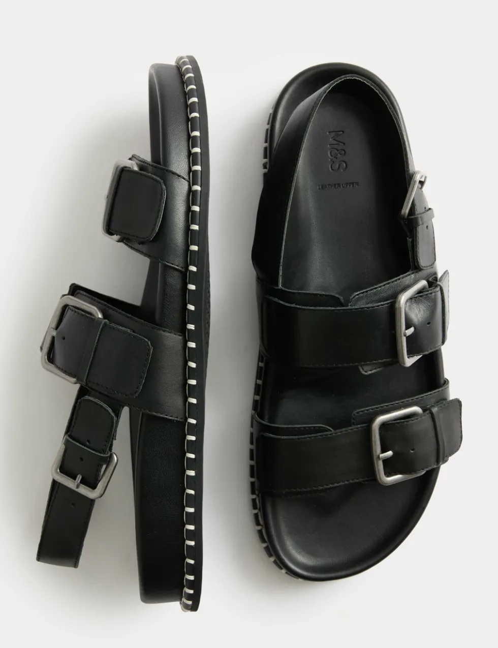 Leather Double Buckle Footbed Sandals