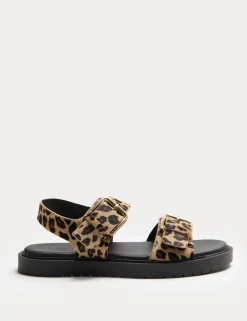 Leather Leopard Print Flatform Sandals