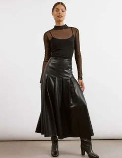 Leather Look Pleated Midi A-Line Skirt