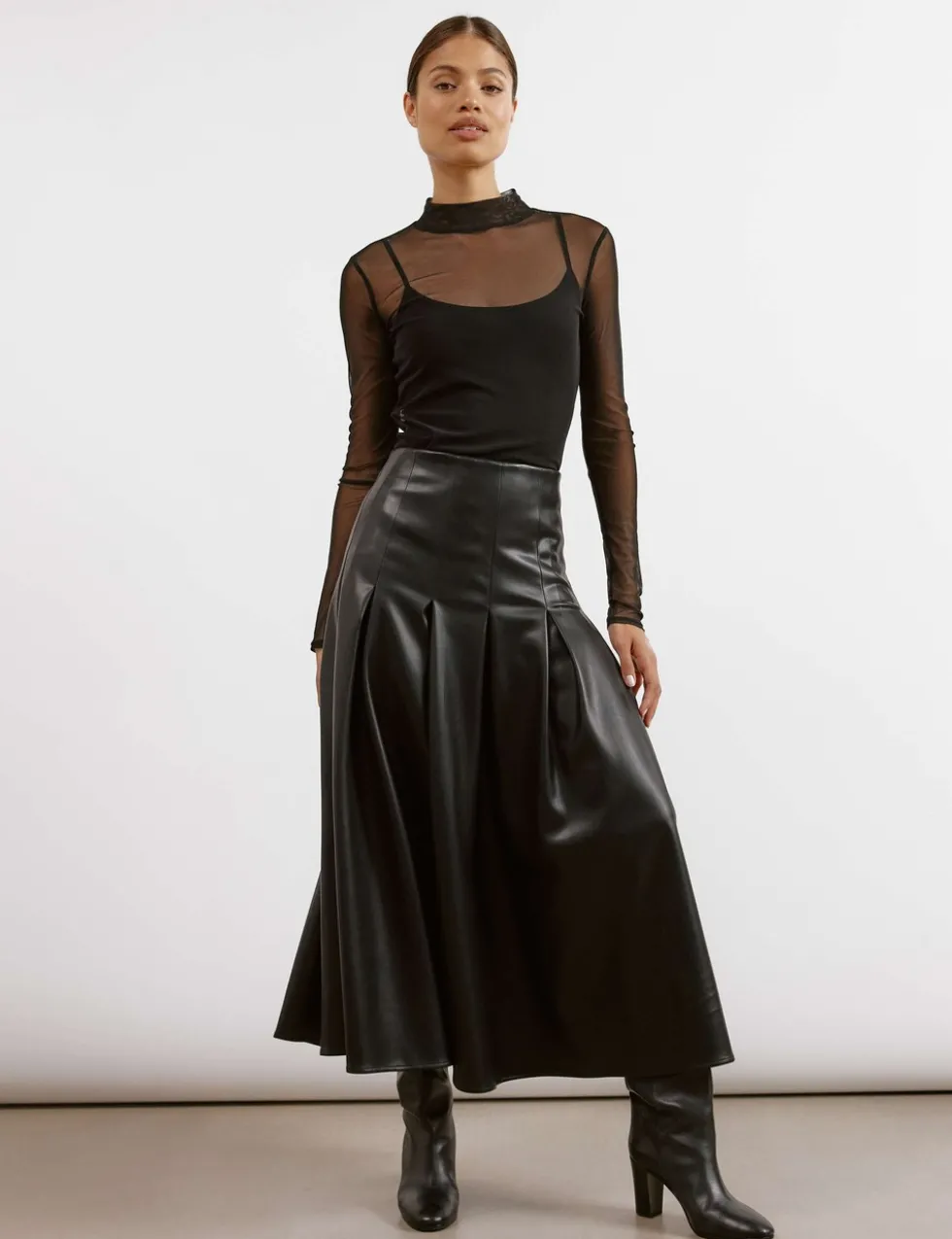 Leather Look Pleated Midi A-Line Skirt