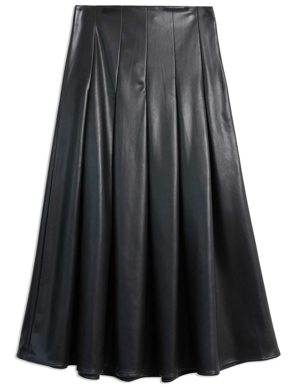 Leather Look Pleated Midi A-Line Skirt