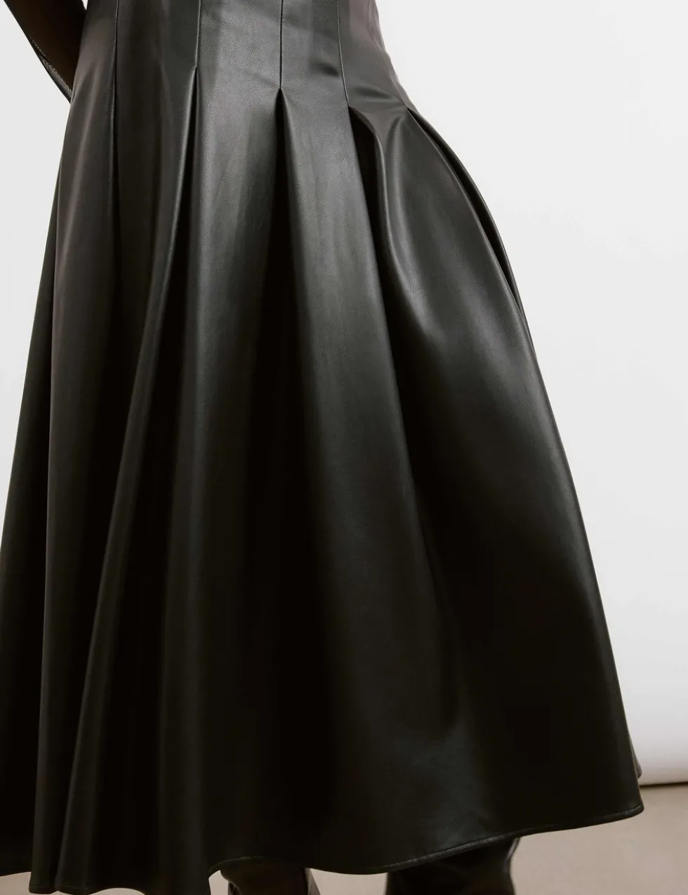 Leather Look Pleated Midi A-Line Skirt