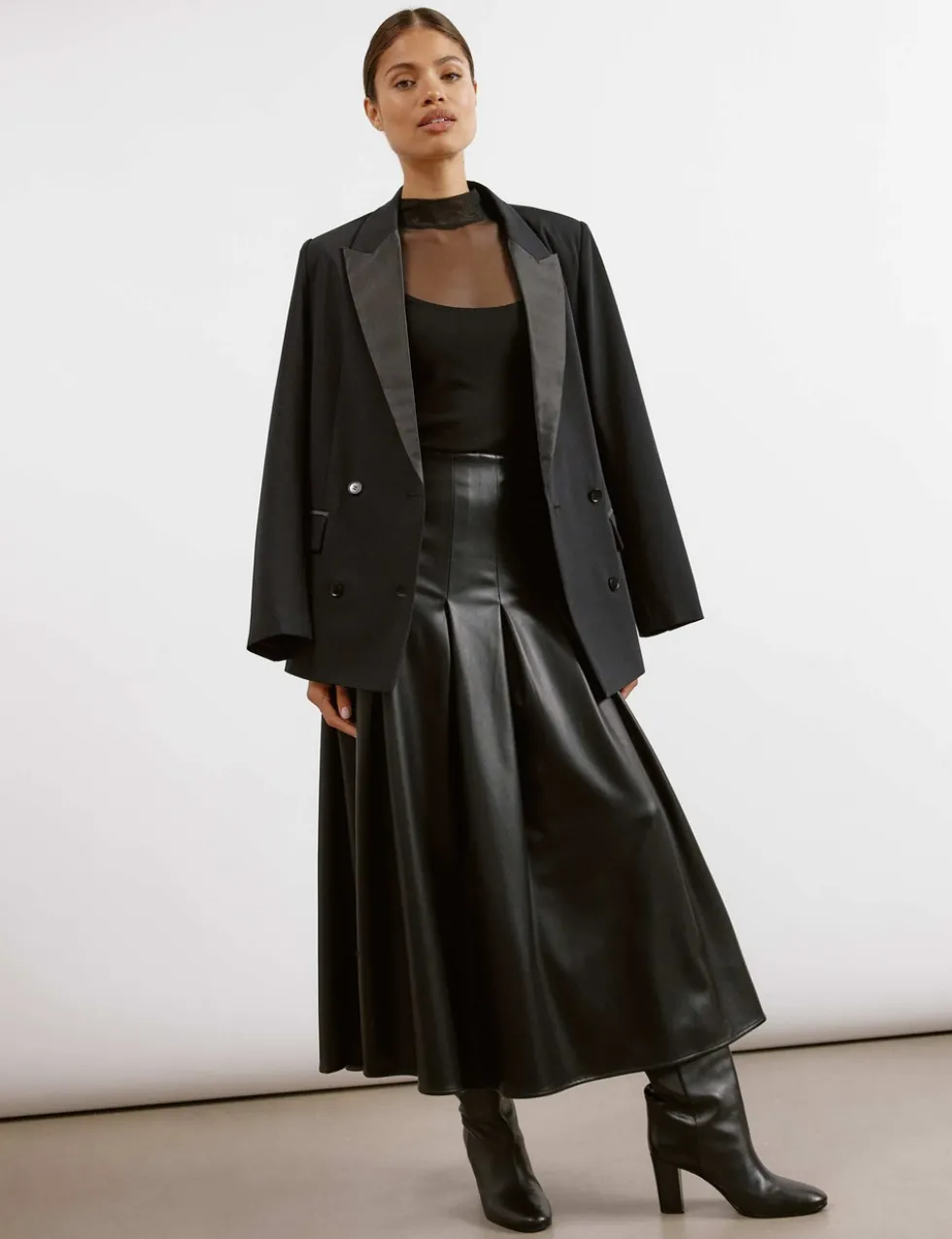 Leather Look Pleated Midi A-Line Skirt