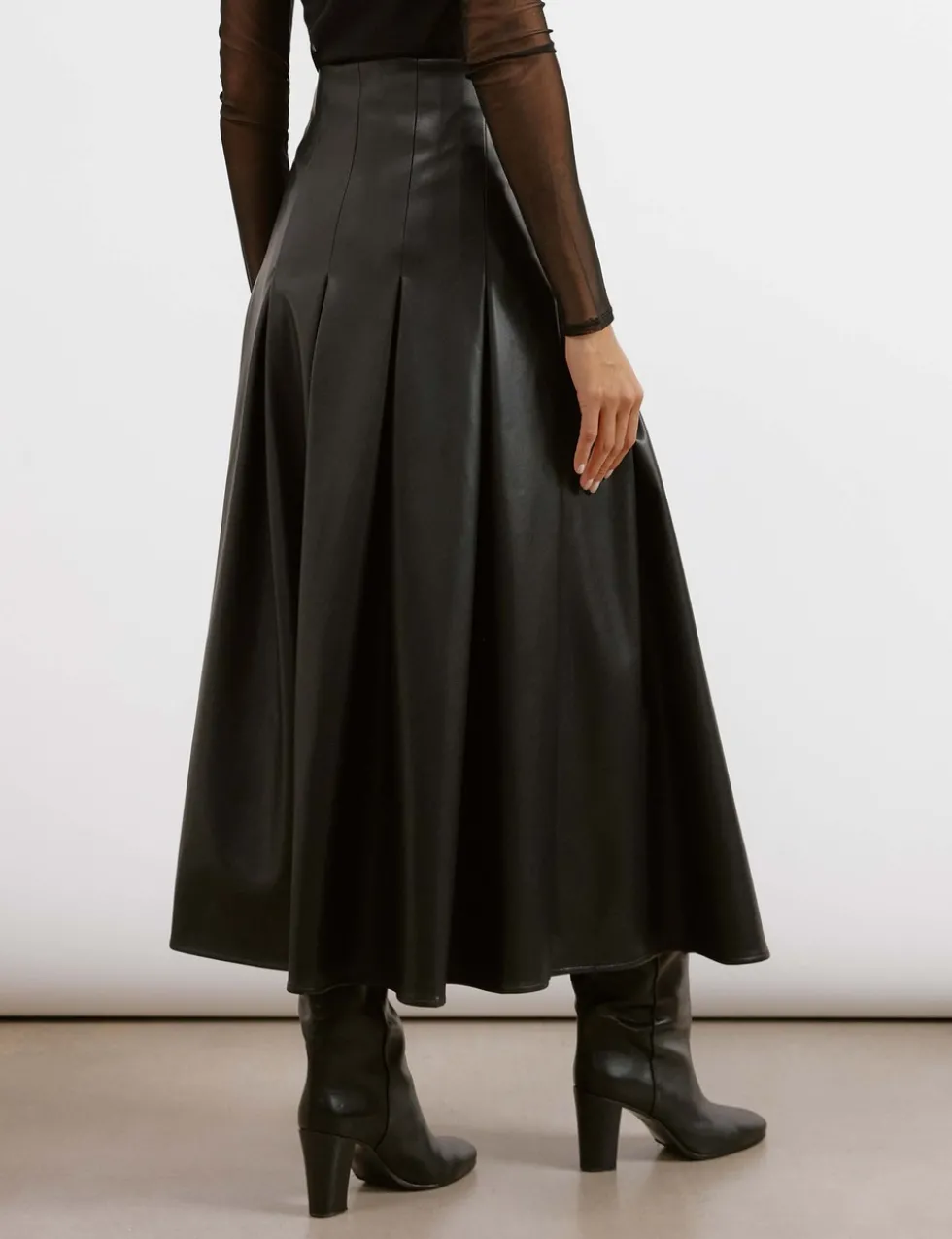 Leather Look Pleated Midi A-Line Skirt