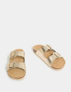Leather Metallic Buckle Footbed Mules