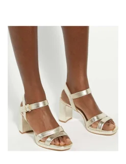 Leather Metallic Platform Block Heel Sandals