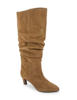 Leather Ruched Knee High Stiletto Heel Boots
