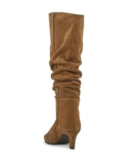 Leather Ruched Knee High Stiletto Heel Boots