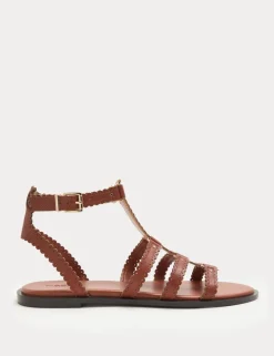 Leather Scallop Edge Flat Gladiator Sandals