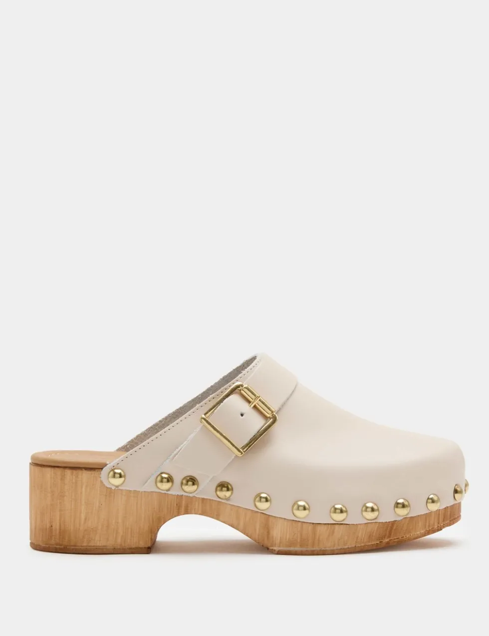 Leather Studded Buckle Block Heel Clogs