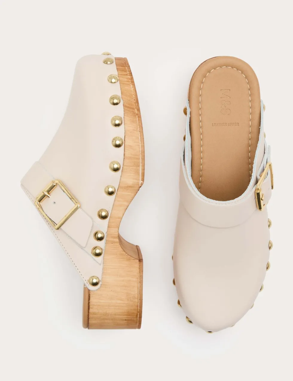 Leather Studded Buckle Block Heel Clogs