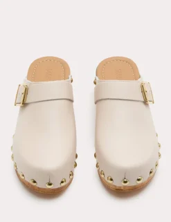 Leather Studded Buckle Block Heel Clogs