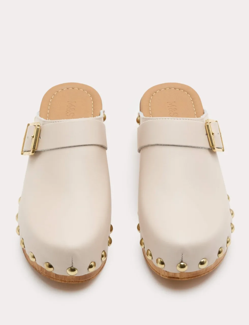 Leather Studded Buckle Block Heel Clogs