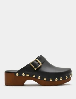 Leather Studded Buckle Block Heel Clogs