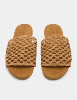 Leather Woven Flat Open Toe Mules