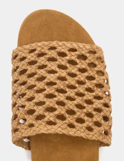 Leather Woven Flat Open Toe Mules