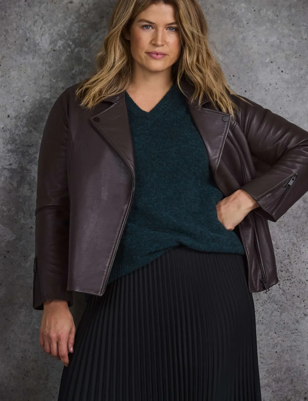 Leather Zip Cuff Biker Jacket