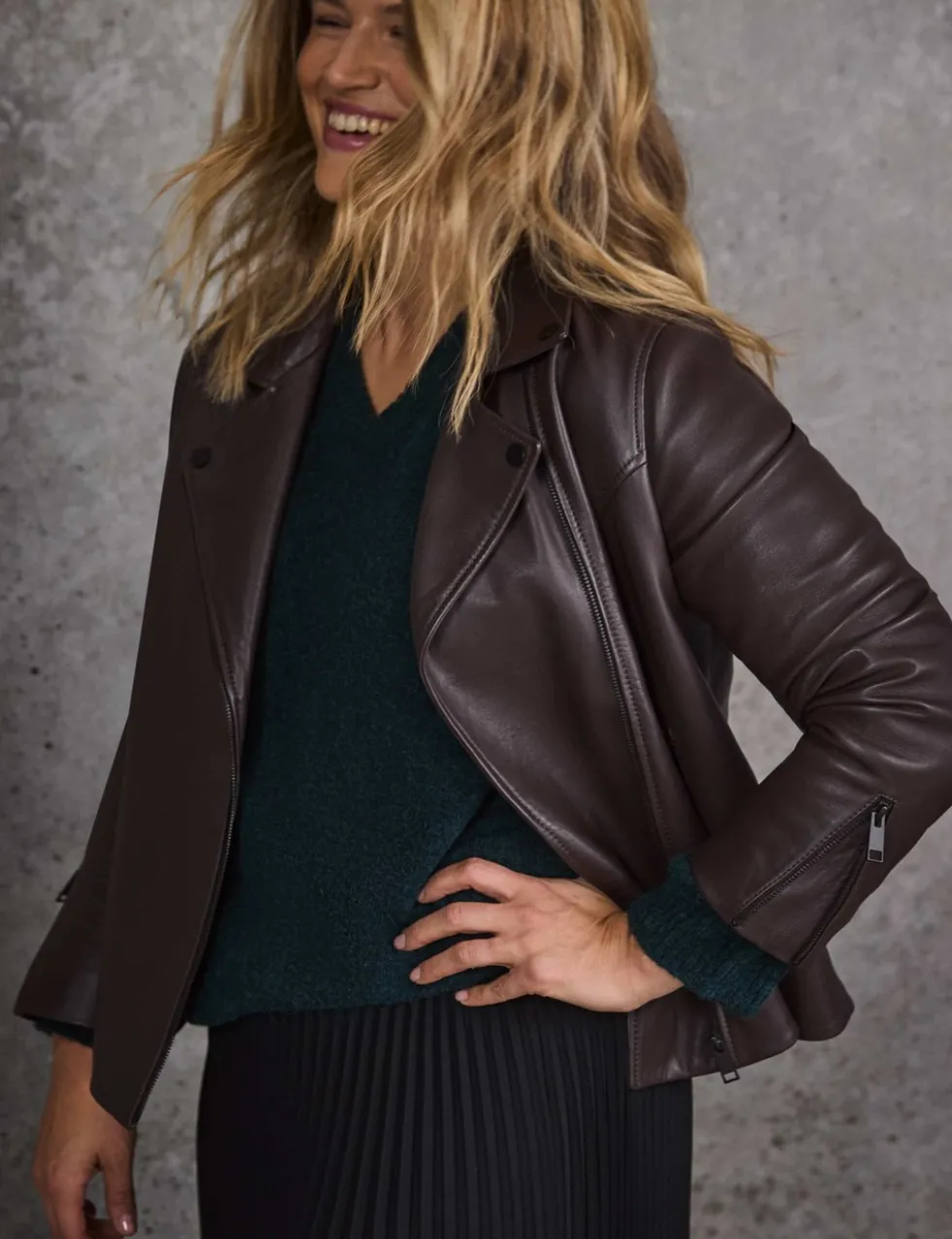 Leather Zip Cuff Biker Jacket