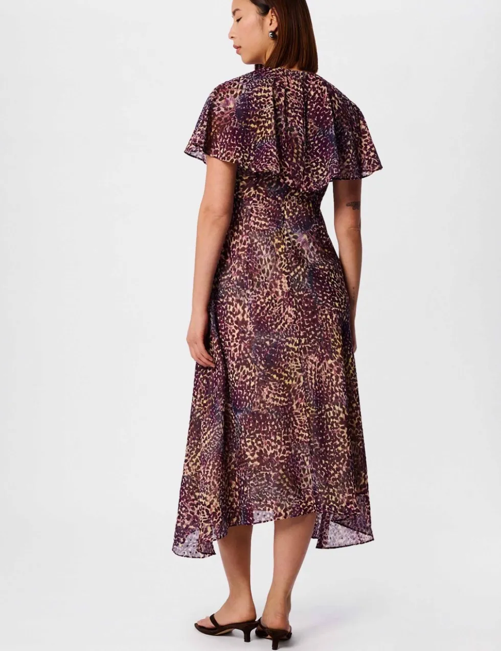 Leopard Print Cape Sleeve Midi Tea Dress