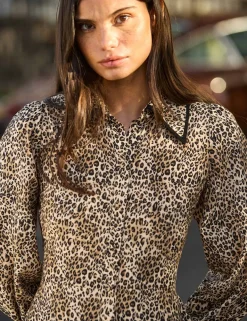 Leopard Print Collared Midaxi Shirt Dress