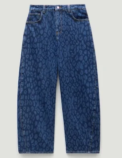Leopard Print Mid Rise Barrel Leg Jeans
