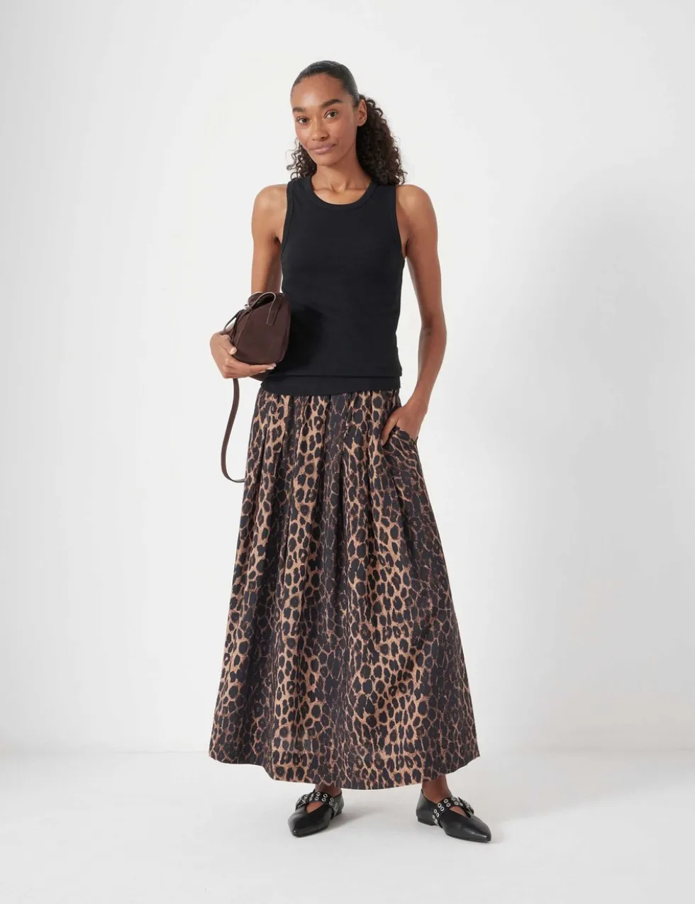 Leopard Print Pleated Midi Skirt