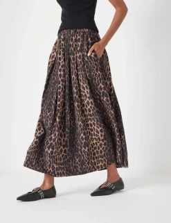 Leopard Print Pleated Midi Skirt