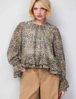 Leopard Print Round Neck Ruffle Hem Blouse