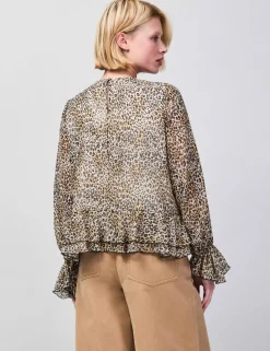 Leopard Print Round Neck Ruffle Hem Blouse
