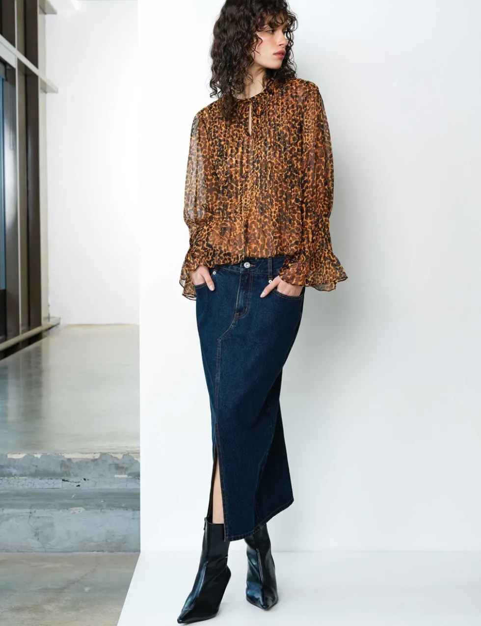 Leopard Print Tie Neck Blouse