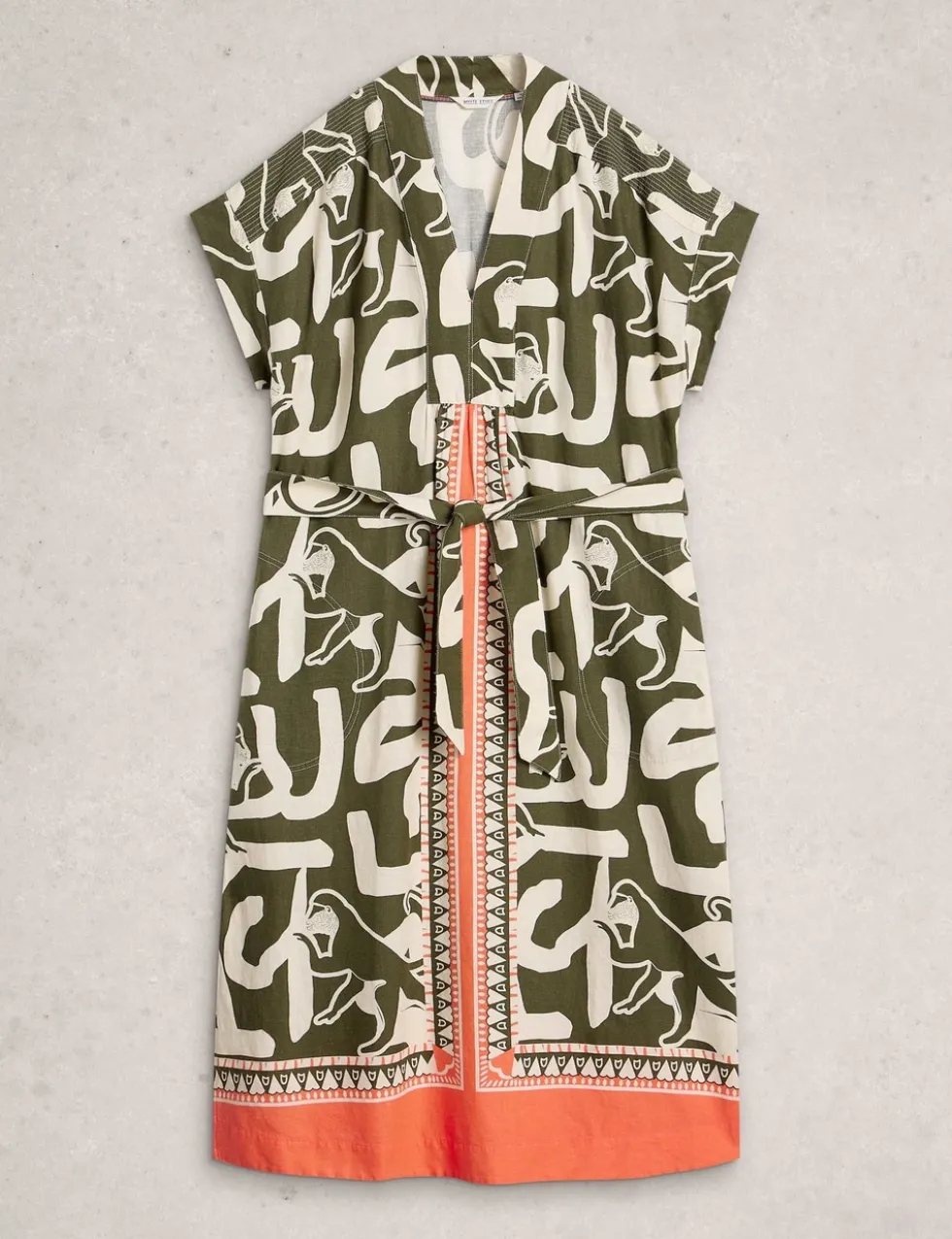 Linen Blend Abstract Midi Utility Dress