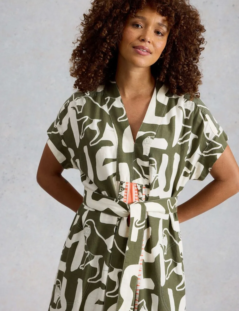 Linen Blend Abstract Midi Utility Dress