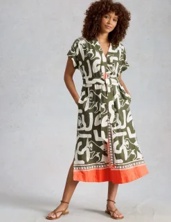 Linen Blend Abstract Midi Utility Dress